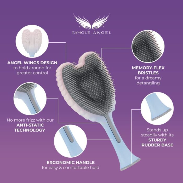 Hair Extension Brush - Anti Static Soft Bristle Paddle Brush for Straight or Wavy Hair - Angel Wings Shower & Blow Drying Detangler Hairbrushes for Women by Tangle Angel