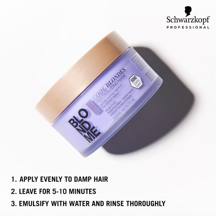 Schwarzkopf Professional BLONDME Cool Blondes Neutralizing Mask For Colored Lighthened Bleached Hair 3D Bond Creation Technology Velvet Flower Protein Complex Refreshing Enriching Softening 200 ml