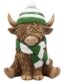 Highland Cow Ornament with Cosy Football Scarf, 12cm Resin Figurine, Gift-Boxed Scottish Decor Accent in Green, Blue, Red & Tartan Colour Variations, Perfect for Fans, Collectors & Unique Home Decor