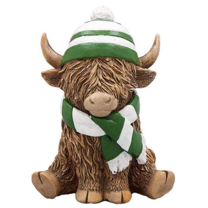 Highland Cow Ornament with Cosy Football Scarf, 12cm Resin Figurine, Gift-Boxed Scottish Decor Accent in Green, Blue, Red & Tartan Colour Variations, Perfect for Fans, Collectors & Unique Home Decor