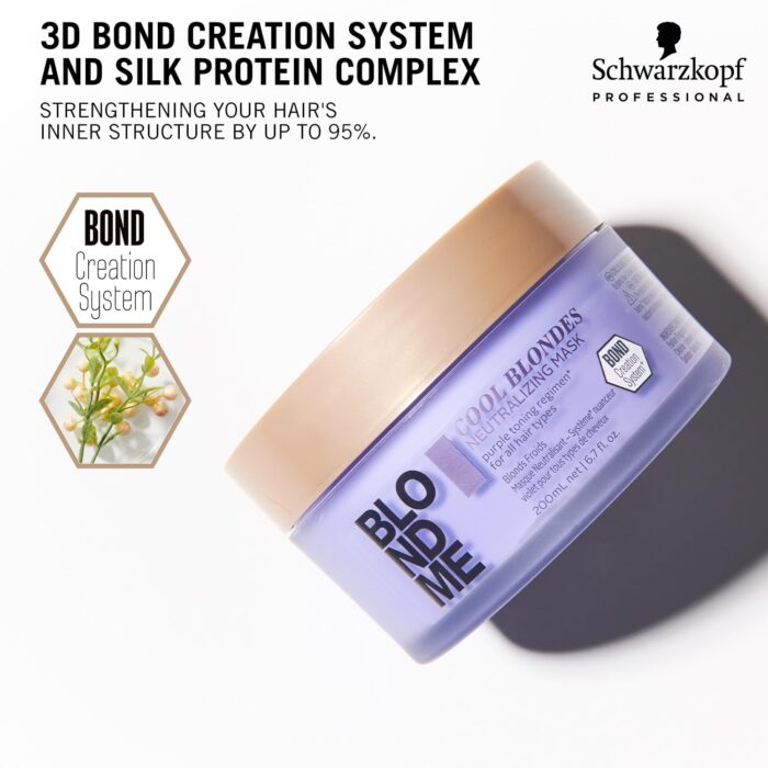 Schwarzkopf Professional BLONDME Cool Blondes Neutralizing Mask For Colored Lighthened Bleached Hair 3D Bond Creation Technology Velvet Flower Protein Complex Refreshing Enriching Softening 200 ml