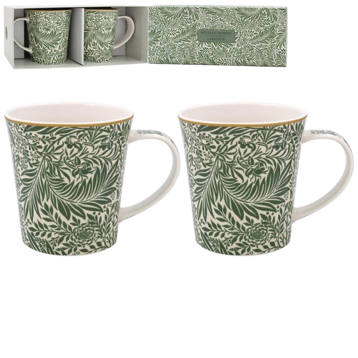 Lesser & Pavey William Morris Larkspur Leaves Lovely Floral Foliage Design Ceramic Mug - Set of 2 or 4 Matching Mugs with Gift Box