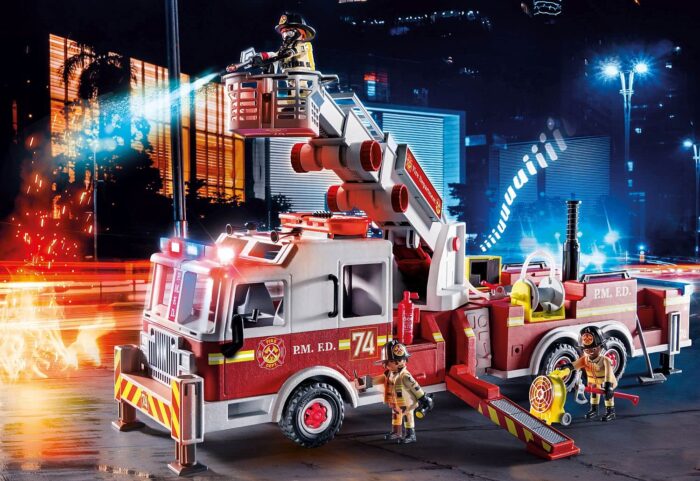 Playmobil City Action 70935 Rescue Vehicles: Fire Engine with Tower Ladder, With Light and Sound, Fire Engine Toys for Children Ages 5+