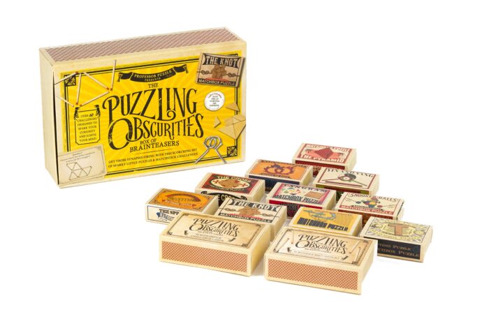 Professor Puzzle, Puzzling Obscurities Box of Brainteasers - 10 Unique Matchbox Puzzles & 50 Unique Brain Teasing Challenges