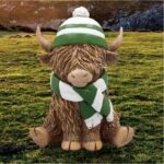 Highland Cow Ornament with Cosy Football Scarf, 12cm Resin Figurine, Gift-Boxed Scottish Decor Accent in Green, Blue, Red & Tartan Colour Variations, Perfect for Fans, Collectors & Unique Home Decor