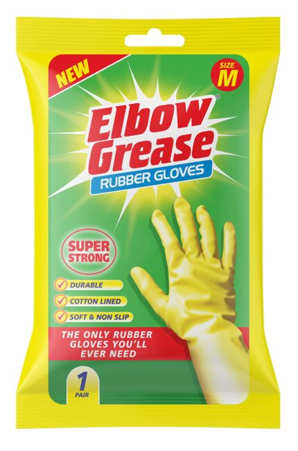 Elbow Grease Rubber Gloves Cotton Lined Extra Strong Non-Slip Size Medium,Yellow, 7.0 gram